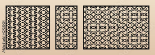 Laser cut panel collection. Vector geometric pattern with hexagon grid, delicate mesh, floral ornament. Stencil for laser cutting of wood, metal, plastic, decorative panel. Aspect ratio 1:1, 1:2, 3:2
