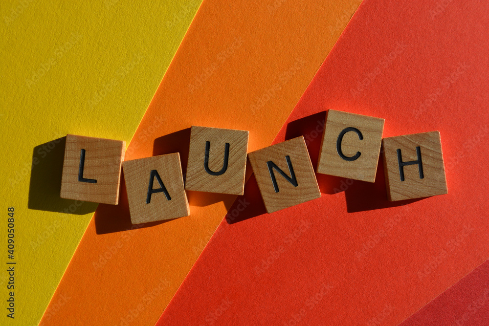 Launch, word isolated on red background Launch, word isolated on red background