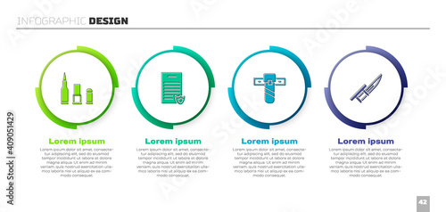 Set Bullet, Firearms license certificate, Knife holster and Bayonet on rifle. Business infographic template. Vector.