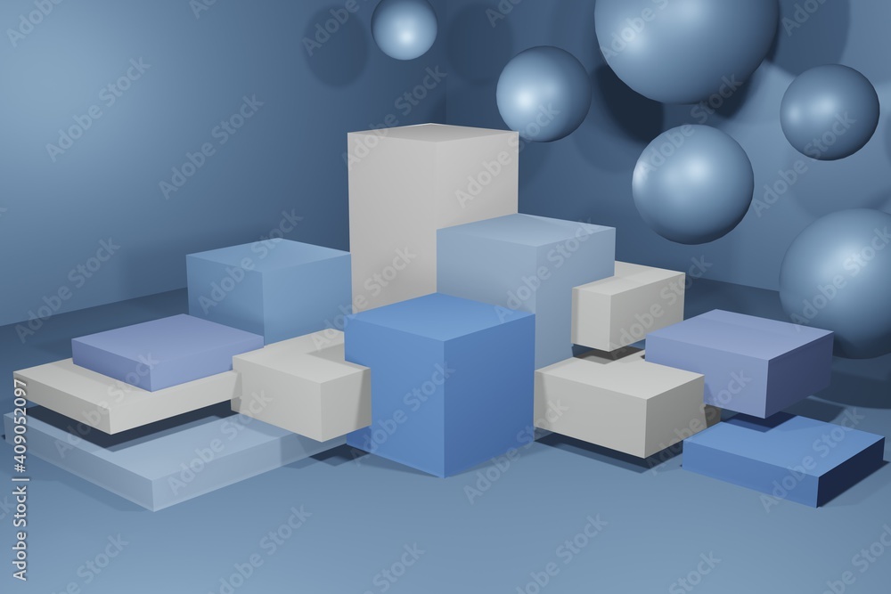 Abstract blue cubes, Mock up of podium abstract podium 3d render. Abstract blue cubes, Mock up of podium abstract podium 3d render.