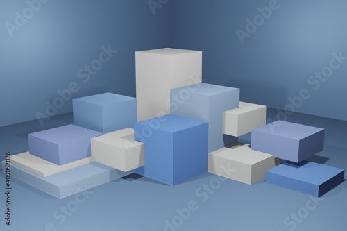 Abstract blue cubes, Mock up of podium abstract podium 3d render.