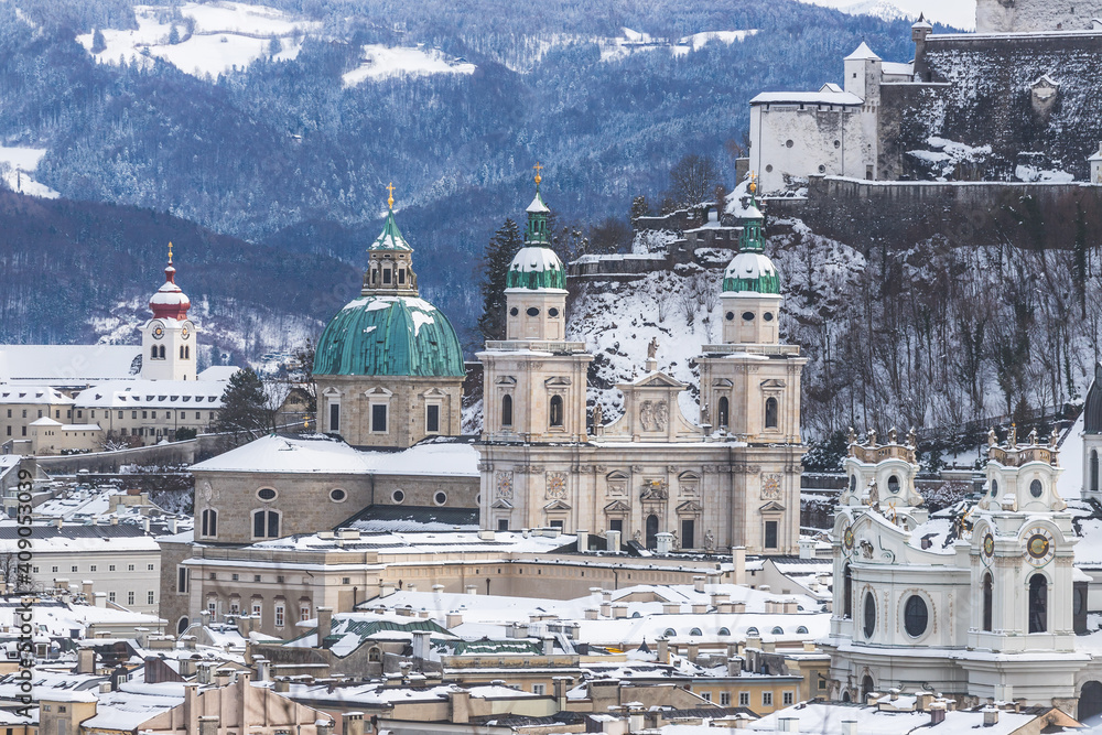 Cathedral of Salzburg, winter time with snow