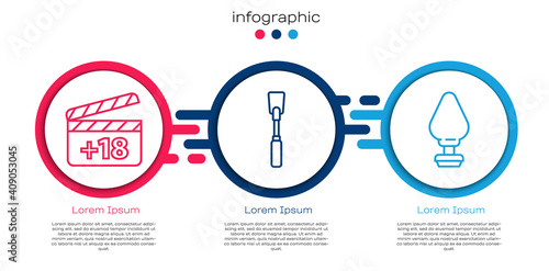 Set line Movie clapper with 18 plus content, Leather whip and Anal plug. Business infographic template. Vector.
