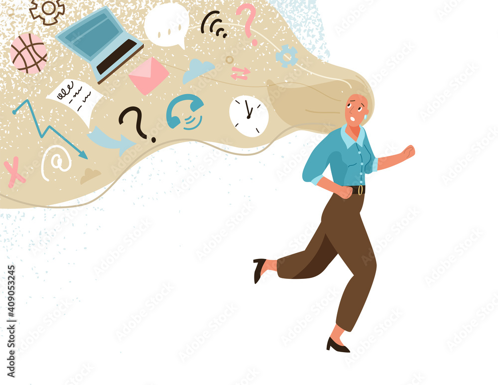 Information overload vector illustration concept. Young business woman running away from info data stream pressure. Overwhelmed person is afraid of being buried under information rubble