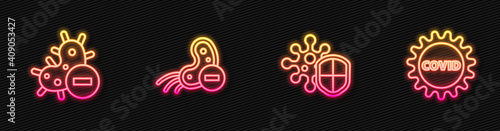 Set line Shield protecting from virus, Negative, and Corona covid-19. Glowing neon icon. Vector.