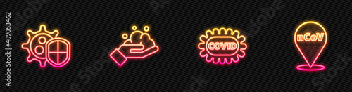 Set line Corona virus covid-19, Shield protecting from, Washing hands with soap and 2019-nCoV location. Glowing neon icon. Vector.