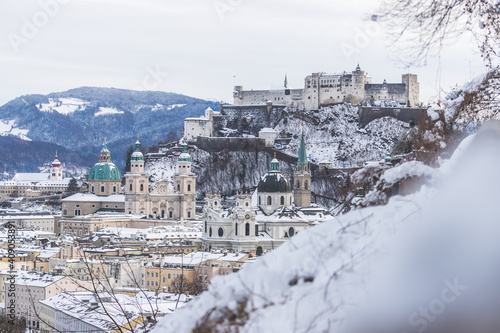 Panorama of Salzburg in winter: Snowy historical center and old city