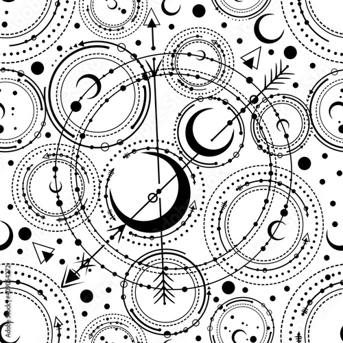 Vector illustration, astronomical geometry, moon, stars, Handmade, seamless pattern, light background