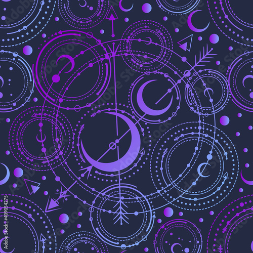 Vector illustration, astronomical geometry, moon, stars, Handmade, seamless pattern, violet background