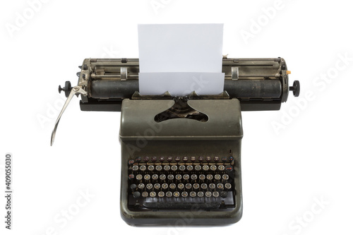 Old Typewriter and a blank sheet of paper inserted. Isolated on White Background. 
