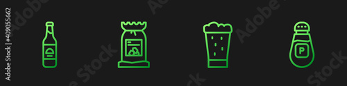 Set line Glass of beer, Beer bottle, Barbecue coal bag and Pepper. Gradient color icons. Vector.