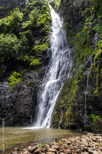 Idyllic Tropical Waterfall on the island of Tahiti  French Polynesia. Pacific Ocean.