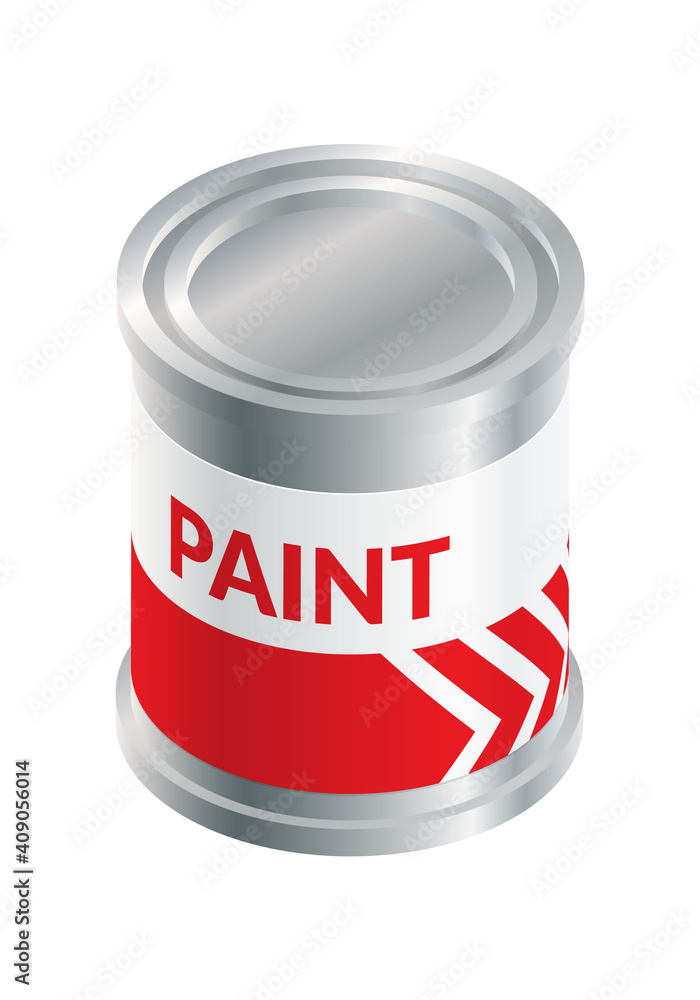 Isometric vector illustration red paint bucket isolated on white background. Realistic paint can icon in flat cartoon style. Tin bucket with red paint for renovation. Construction material.