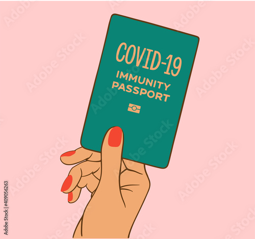 Woman hand holding an immunity passport for people who have recovered from or are immune to COVID-19 coronavirus and can begin to travel and work again. Vector illustration.