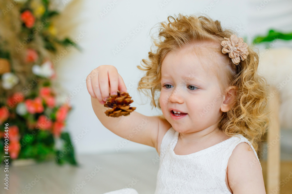 A little girl examines a pine cone. Close-up game. A pretty young blonde is studying in a Montessori style class or a home concept. Explores natural materials. A little girl examines a pine cone. Close-up game. A pretty young blonde is studying in a Montessori style class or a home concept. Explores natural materials.