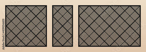 Laser cut patterns. Vector design with modern geometric ornament, diamond grid, diagonal lines. Template for cnc cutting, decorative panels of wood, metal, plastic, plywood. Aspect ratio 1:2, 1:1, 3:2