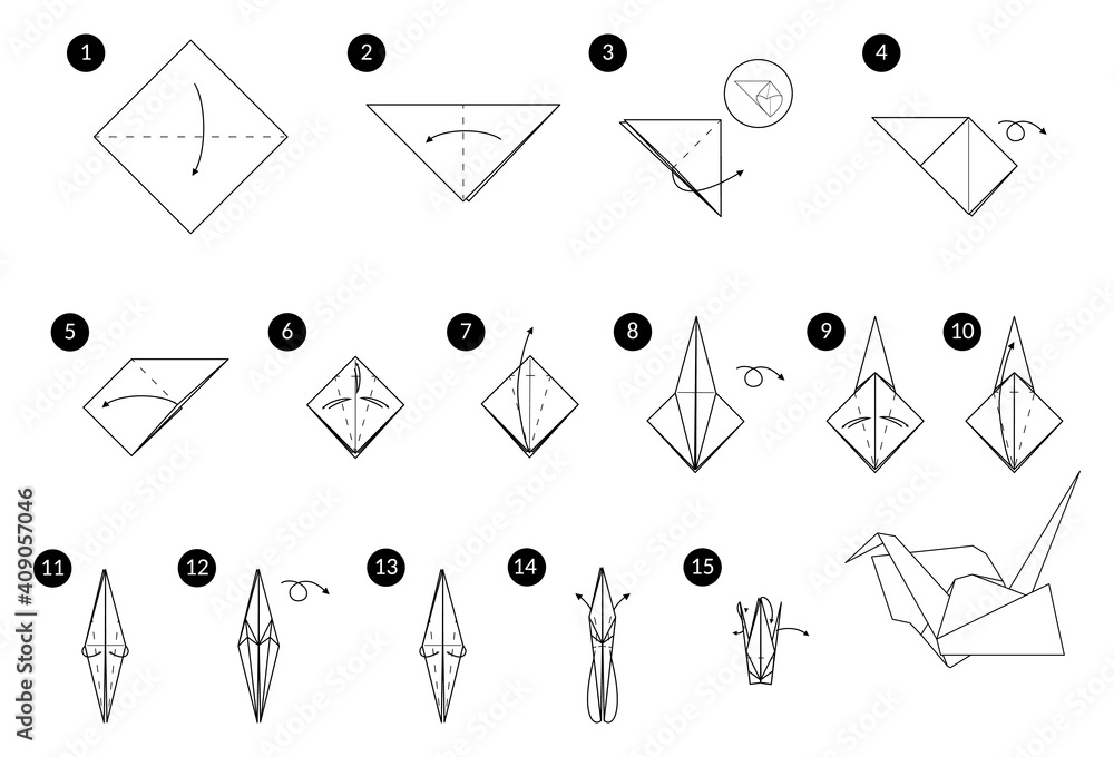 Tutorial how to make origami crane. Step by step instructions. Bird from paper without scissors. - obrazy, fototapety, plakaty 