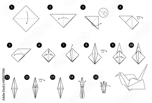 Tutorial how to make origami crane. Step by step instructions. Bird from paper without scissors.