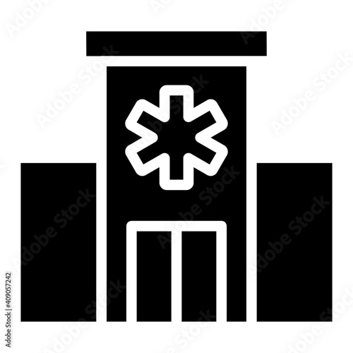 Building with medical sign, hospital icon