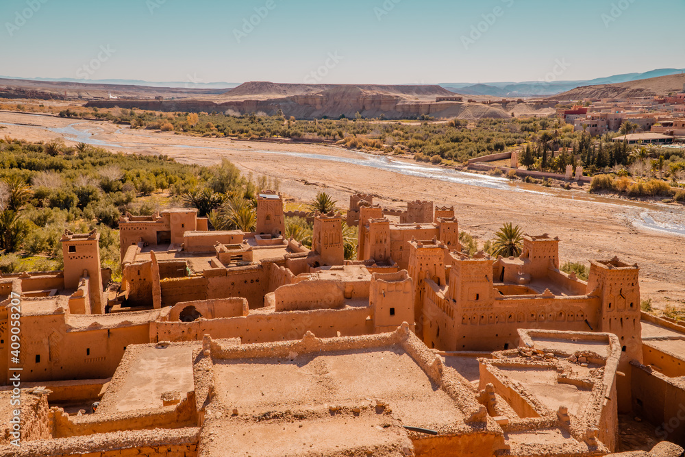 Beautiful aerial view of the fortress (kasbah) of the fortified village (ksar) of Ait Benhaddou, Morocco