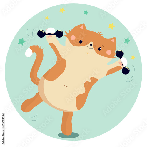 Ginger cat athlete doing exercises with dumbbells. Sticker, icon on the theme of Sport. Vector illustration.