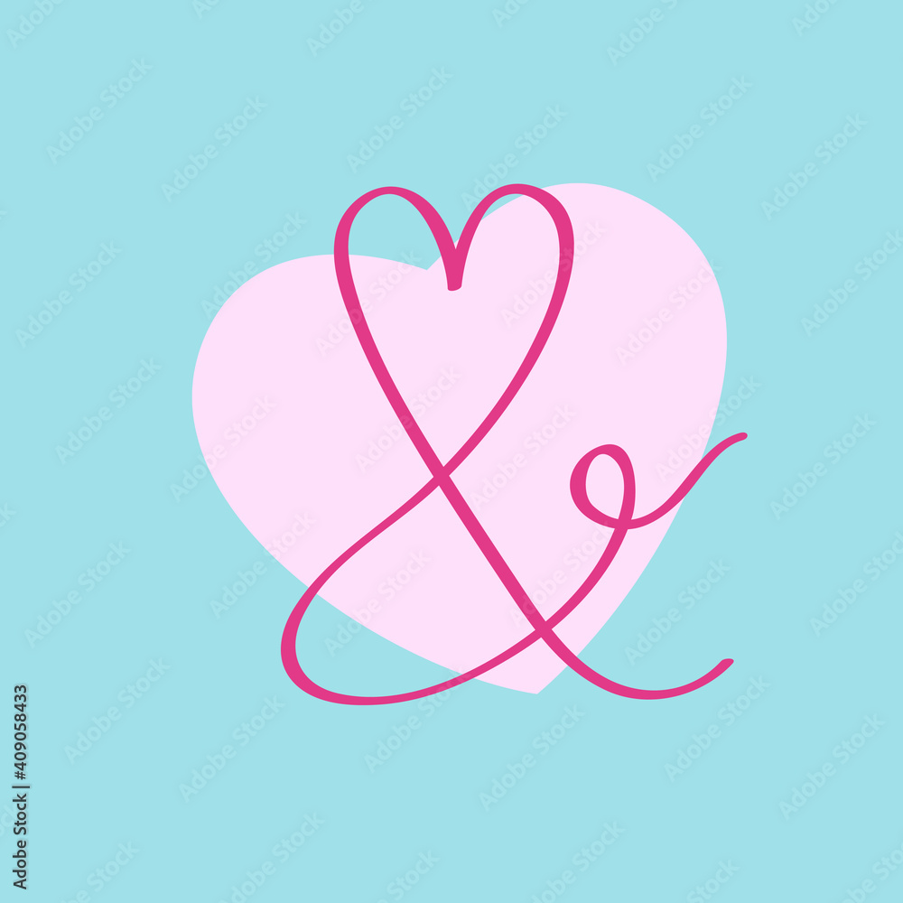 Ampersand logo.Wedding decorative creative calligraphic icon isolated on blue background.Ornate symbol for beauty, gift boutique brand.Alphabet initial.Heart outline and pink shape playful element.