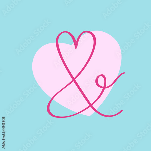 Ampersand logo.Wedding decorative creative calligraphic icon isolated on blue background.Ornate symbol for beauty, gift boutique brand.Alphabet initial.Heart outline and pink shape playful element.