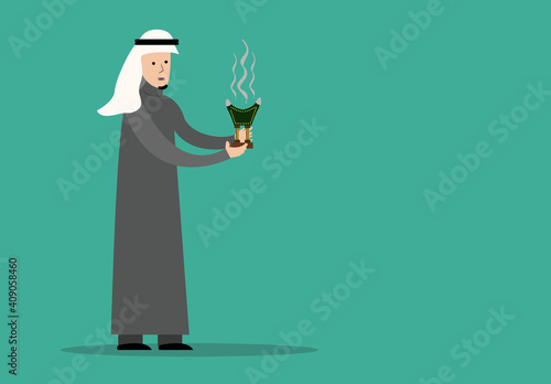 An arab man holds a traditional incense burner called Makhbara which is still used in the Arab World and in Turkey. Editable Clipart.