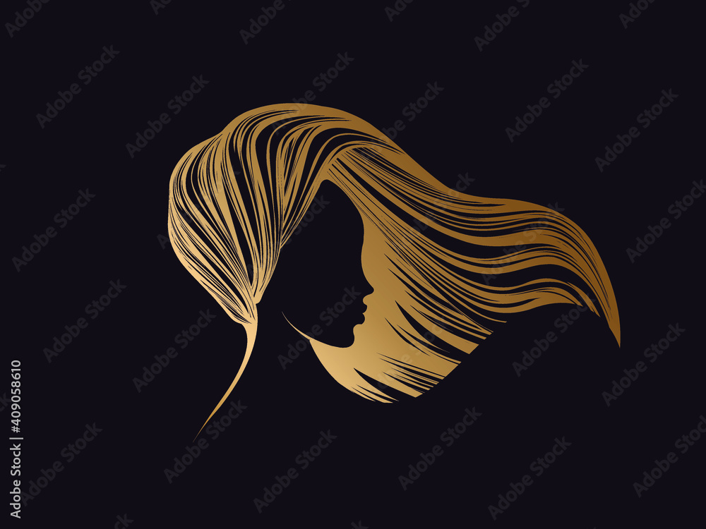 Hair salon and beauty studio , wavy hairstyle woman head   and spa golden icon isolated on dark  lady   model ,glamour style. Stock Vector | Adobe  Stock