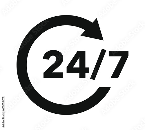 24/7 service icon. Customer service. Support sign. 
Round-the-clock work of the store.