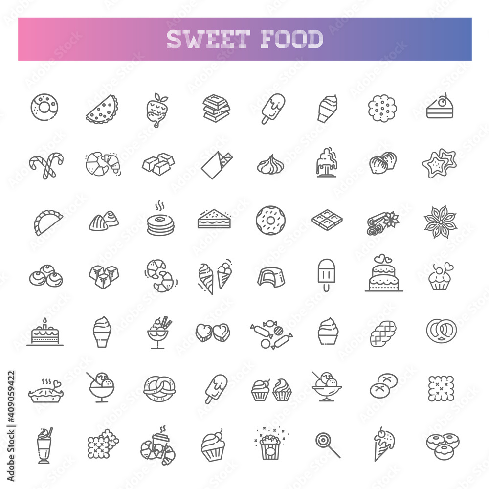 Set vector line icons in flat design chocolate, dessert and candy