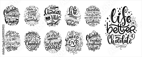 Chocolate hand lettering quotes set. Warm winter word composition. Vector design elements for t-shirts, bags, posters, cards, stickers and menu