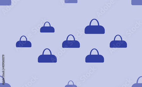 Seamless pattern of large isolated blue sports bag symbols. The pattern is divided by a line of elements of lighter tones. Vector illustration on light blue background