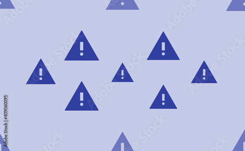 Seamless pattern of large isolated blue warning symbols. The pattern is divided by a line of elements of lighter tones. Vector illustration on light blue background