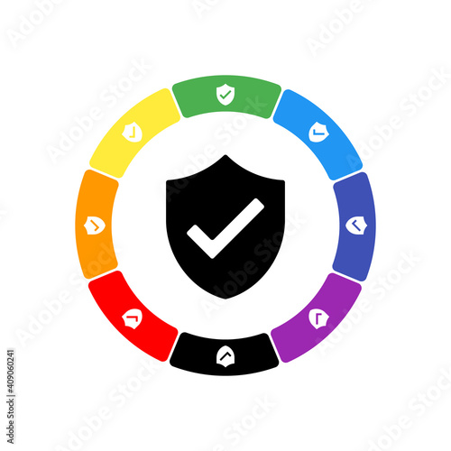 A large black protection mark symbol in the center, surrounded by eight white symbols on a colored background. Background of seven rainbow colors and black. Vector illustration on white background