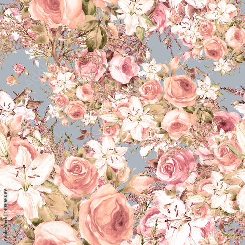  Seamless pattern bouquet of roses and a lil