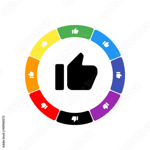 A large black thumb up symbol in the center, surrounded by eight white symbols on a colored background. Background of seven rainbow colors and black. Vector illustration on white background
