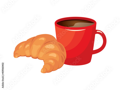 Fresh butter croissant and coffee in a red mug vector. Croissant and coffee icon vector. French breakfast illustration. Red cup of cocoa and croissant vector