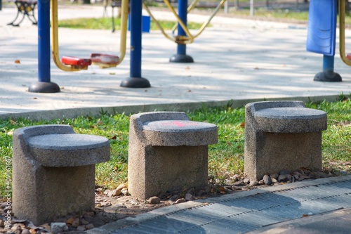 Park seats are marked with distances to reduce COVID-19 infection in parks.