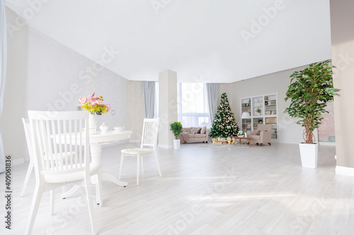 Luxury rich expensive apartment interior in light colors. Stylish contemporary minimalistic design. Full of sun light. A lot of space decorated with Christmas tree