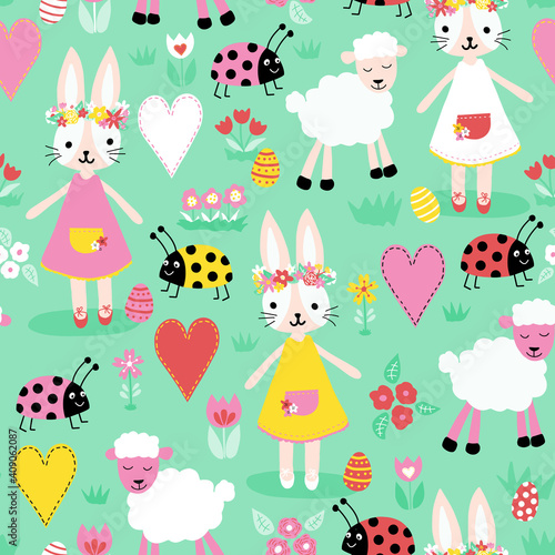 Vector seamless repeating childish pattern with cute bunnies ladybugs sheep eggs heart on a turquoise green pastel background. Design for a nursery, printing cards, on fabric, children clothes