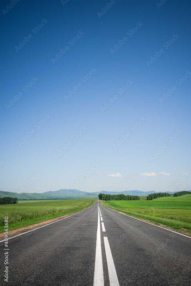 An asphalt road among meadows leading to the mountains on the horizon. Beautiful summer landscape with blue sky, greenery and highway. Minimalism, transport links, travel concept.