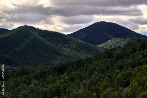 Mountain scape surrounded of pine trees forest in south Spain