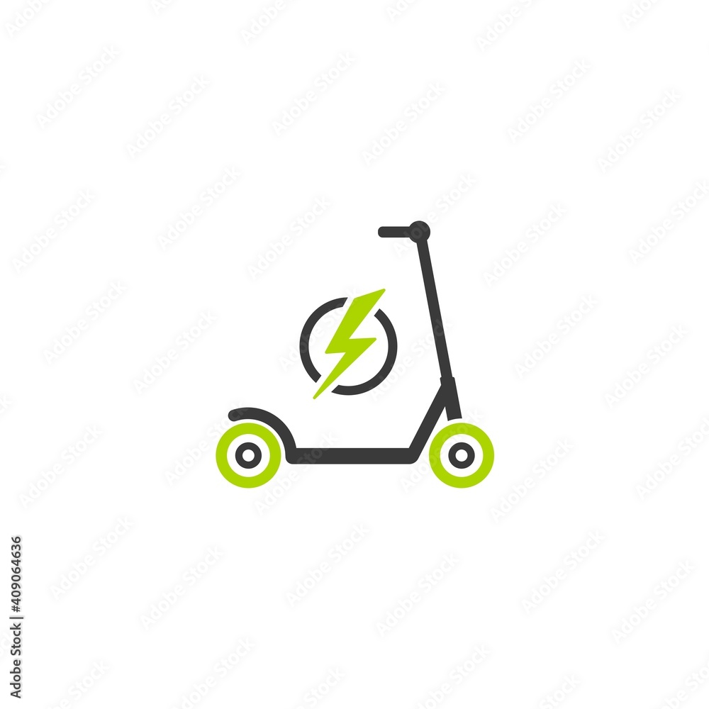 Black and green kick scooter or balance bike with lightning bolt icon. Black and green kick scooter or balance bike with lightning bolt icon.