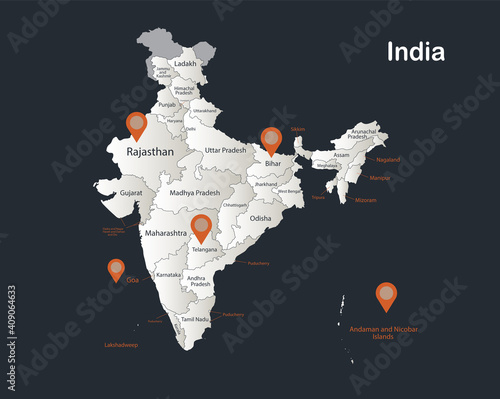 India map, Infographics flat design colors snow white, with names of individual regions vector
