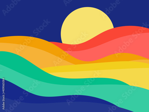 Colorful landscape in a minimalistic style. Plains and mountains, fields and meadows. Typographic boho decor for prints, posters and interior design. Mid-century modern decor. Vector illustration