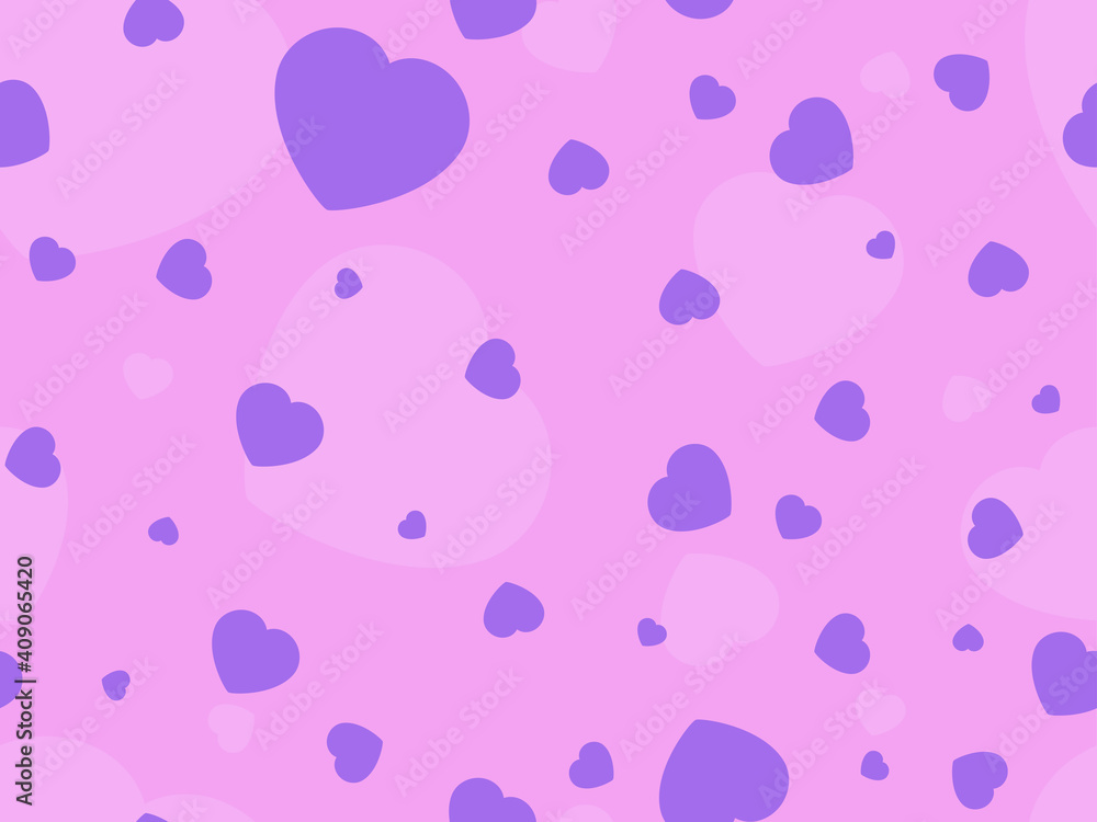 Hearts seamless pattern for Valentine's day. Purple hearts on a pink background. For printing on paper, advertising materials and fabric. Vector illustration