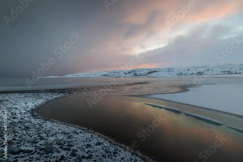 Sunrise on the Barents Sea. Murmansk region. Russia