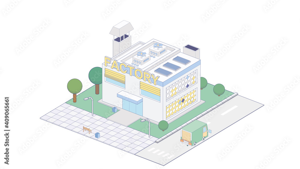 Vector isometric icon representing factory buildings with industrial structures Vector isometric icon representing factory buildings with industrial structures