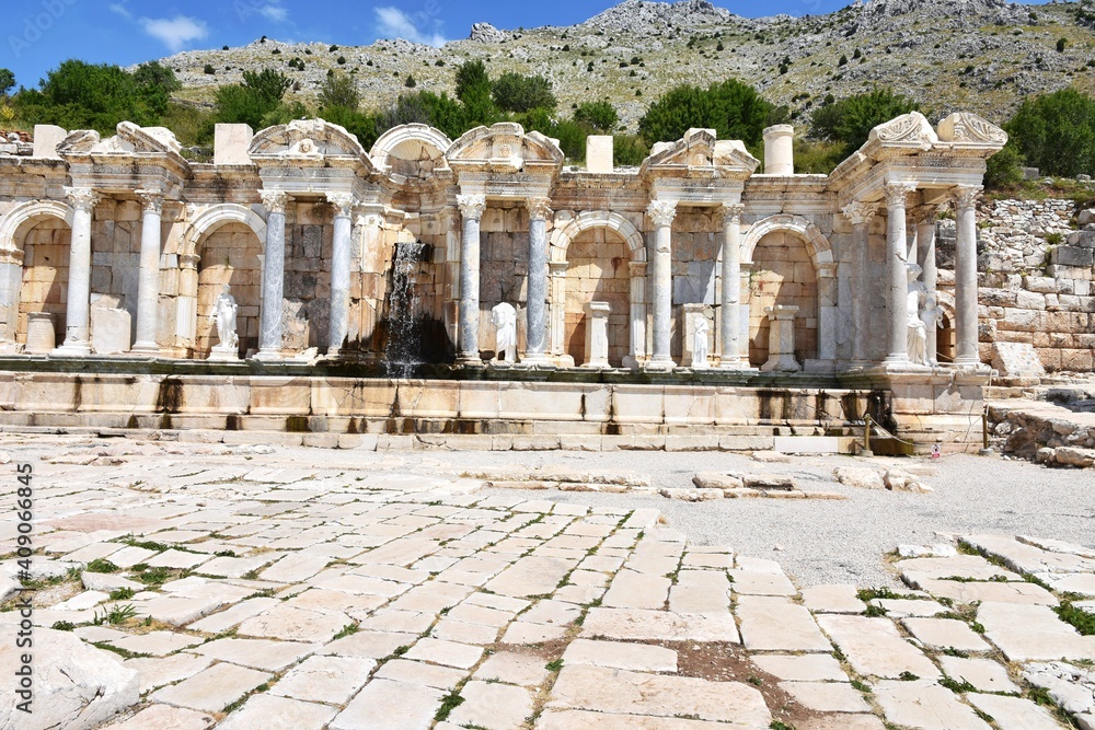 Ruins of the ancient Roman city of Sagalassos.  Antonine Nymphaeum fountain Burdur, Turkey.